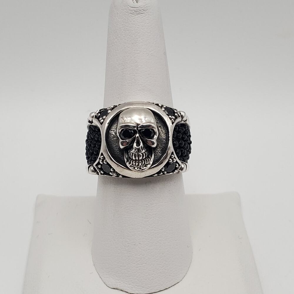 Sterling Silver 925 SKULL Stingray Leather Black Onyx Gemstone Ring Size 9